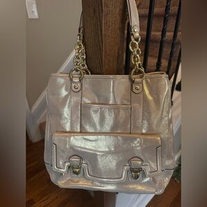 Auth. Coach Vintage Poppy Metallic Gold Tote Bag with Chain & Push lock! NWT